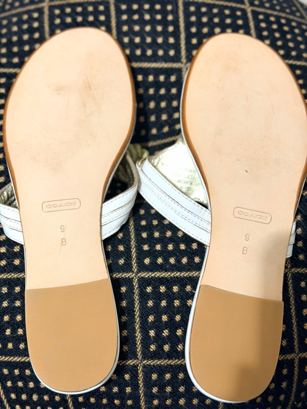 Coach White Leather Sandals with Gold Medallion and Blue Cabochon - Picture 7 of 11